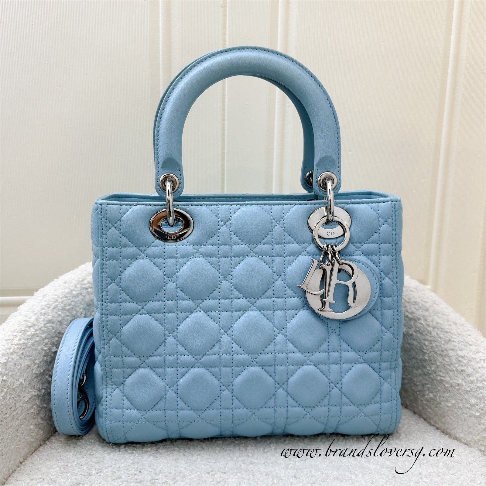 Dior Medium Lady Dior in Light Blue Lambskin and SHW Brands Lover