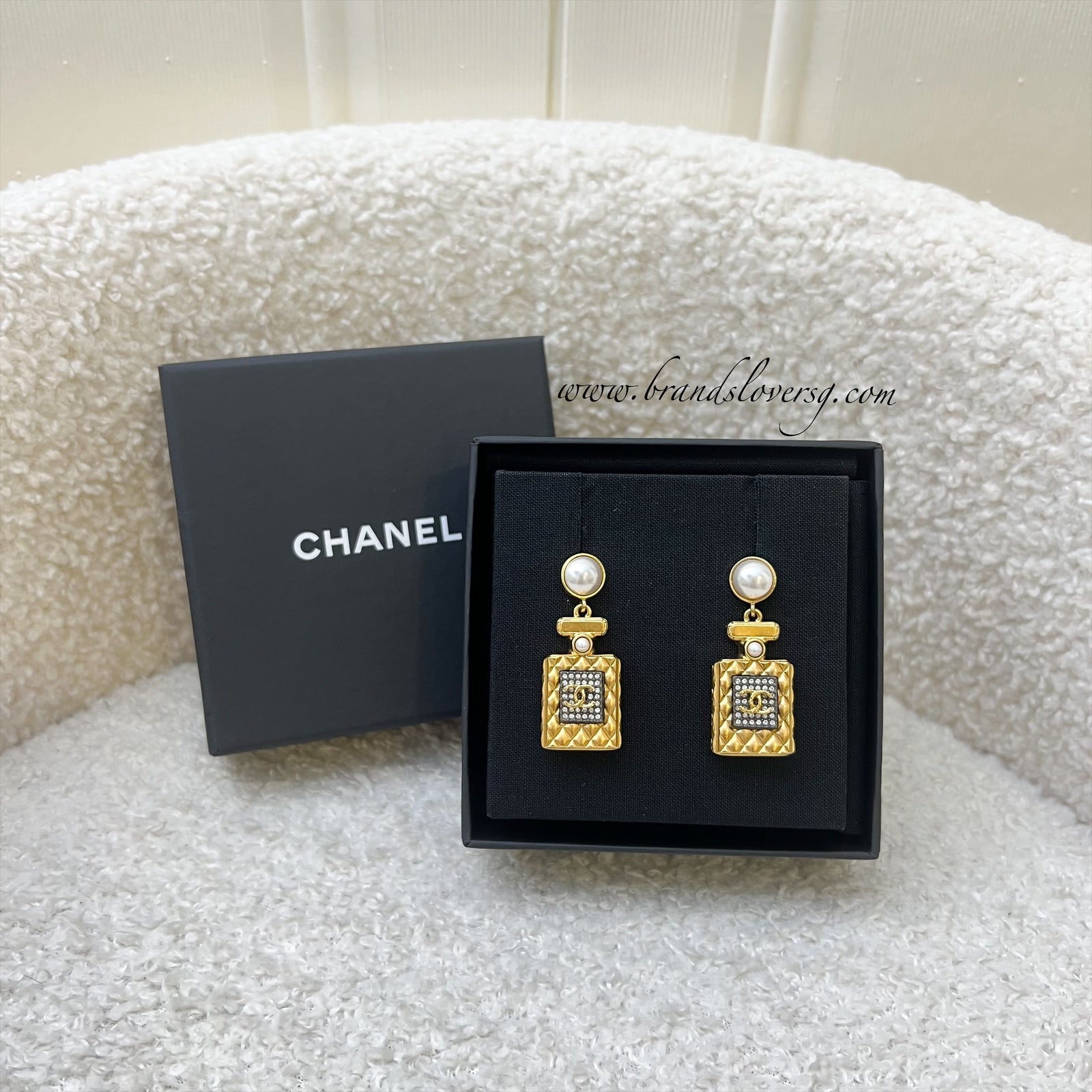 Chanel 20A Perfume Bottle Dangling Earrings in AGHW