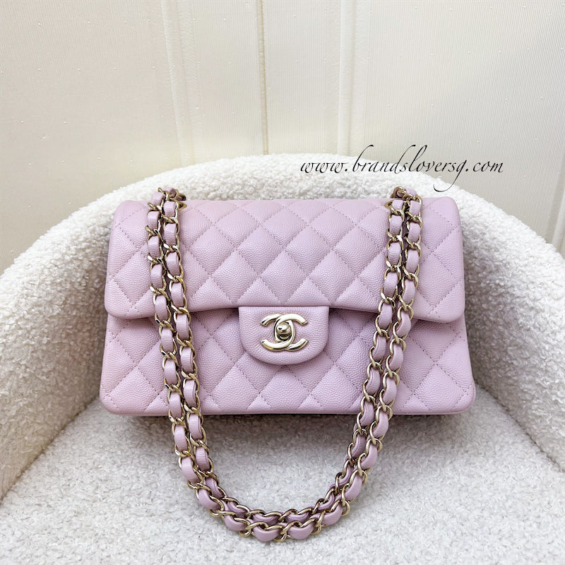 CHANEL 21S Rose Clair Lilac Pink Caviar Small Classic Flap Light