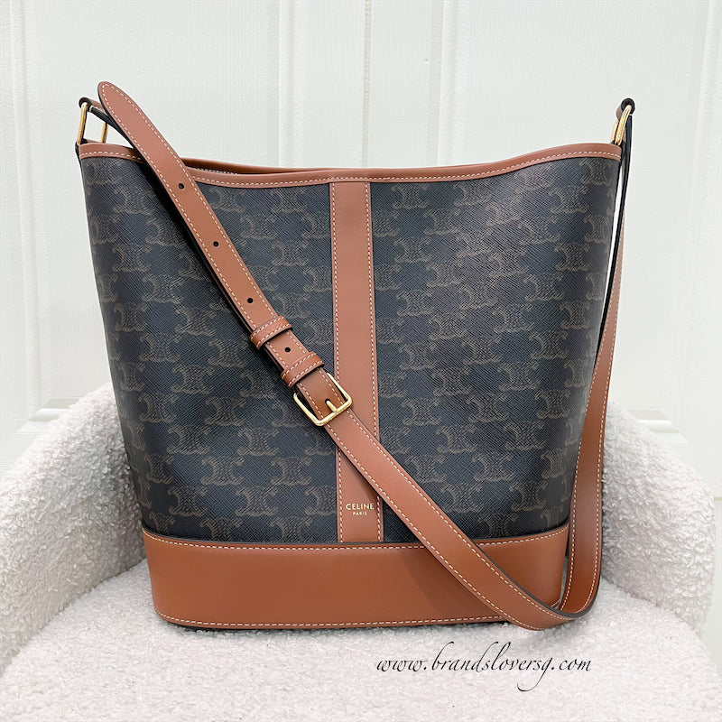 Celine Triomphe Bucket Bag in Triomphe Canvas, Tan Calfskin and GHW