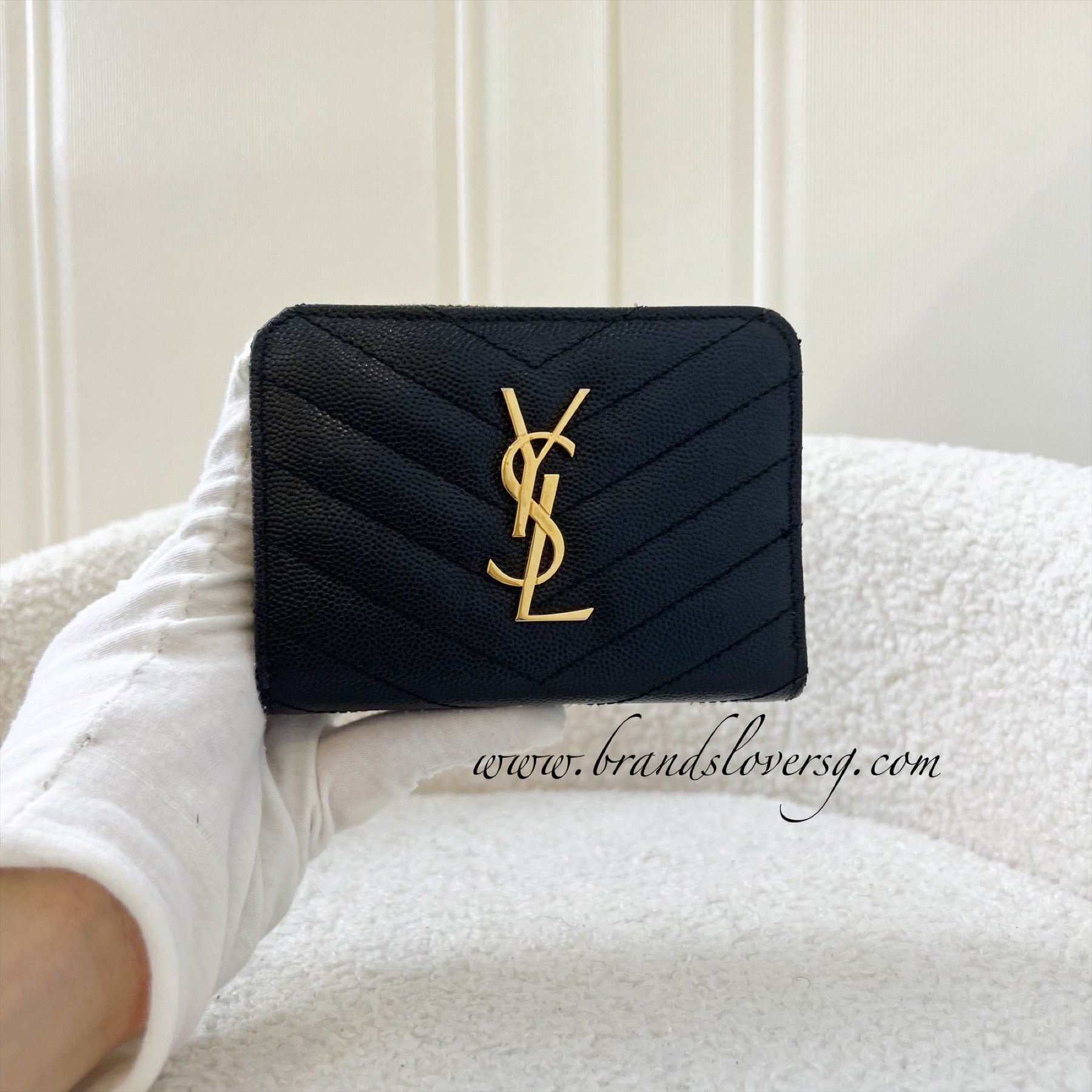 YSL grained leather black small compact wallet with gold hardware ASL5 –  LuxuryPromise