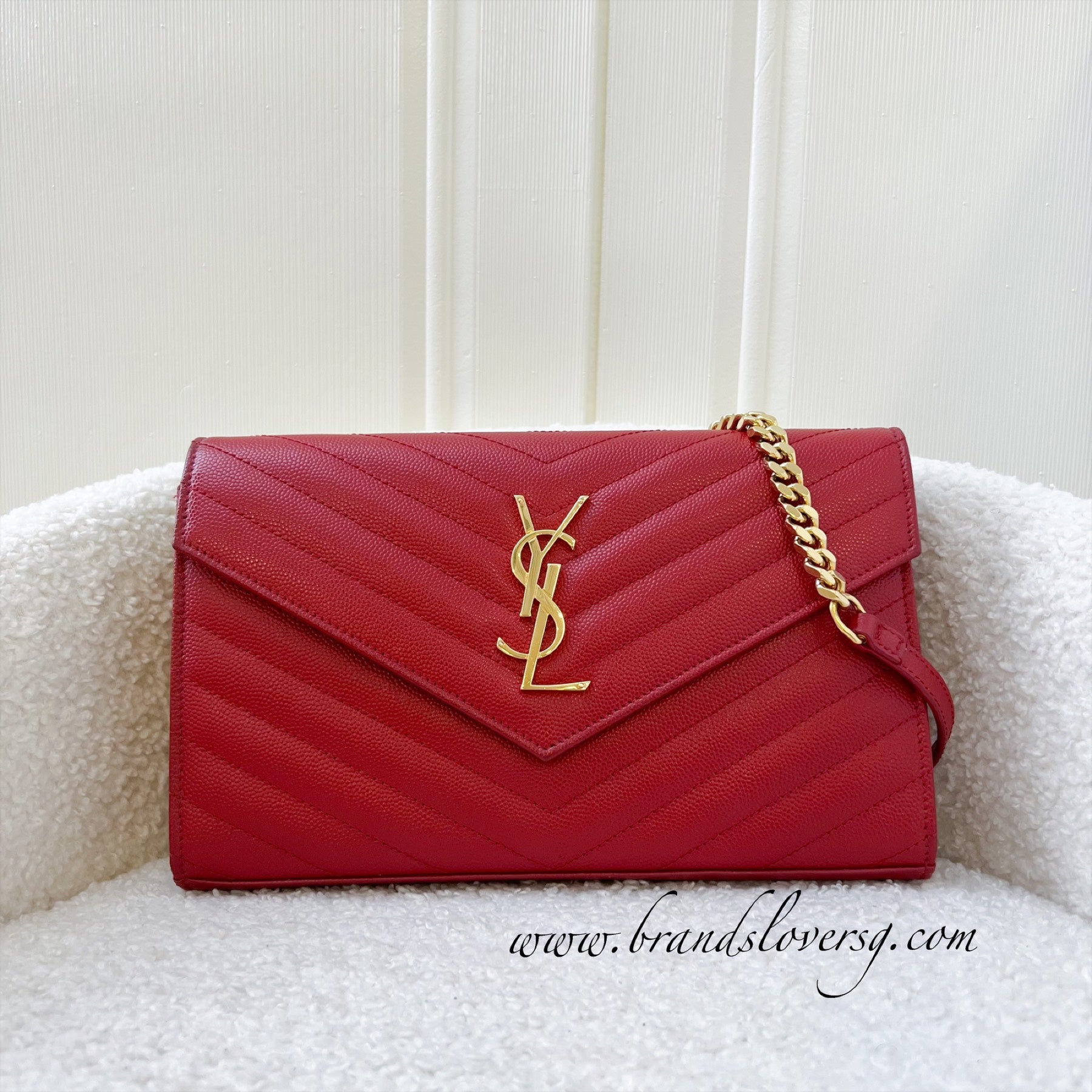 YSL Red Grainy Leather Wallet On Chain (WOC) QTBJDP18RB025