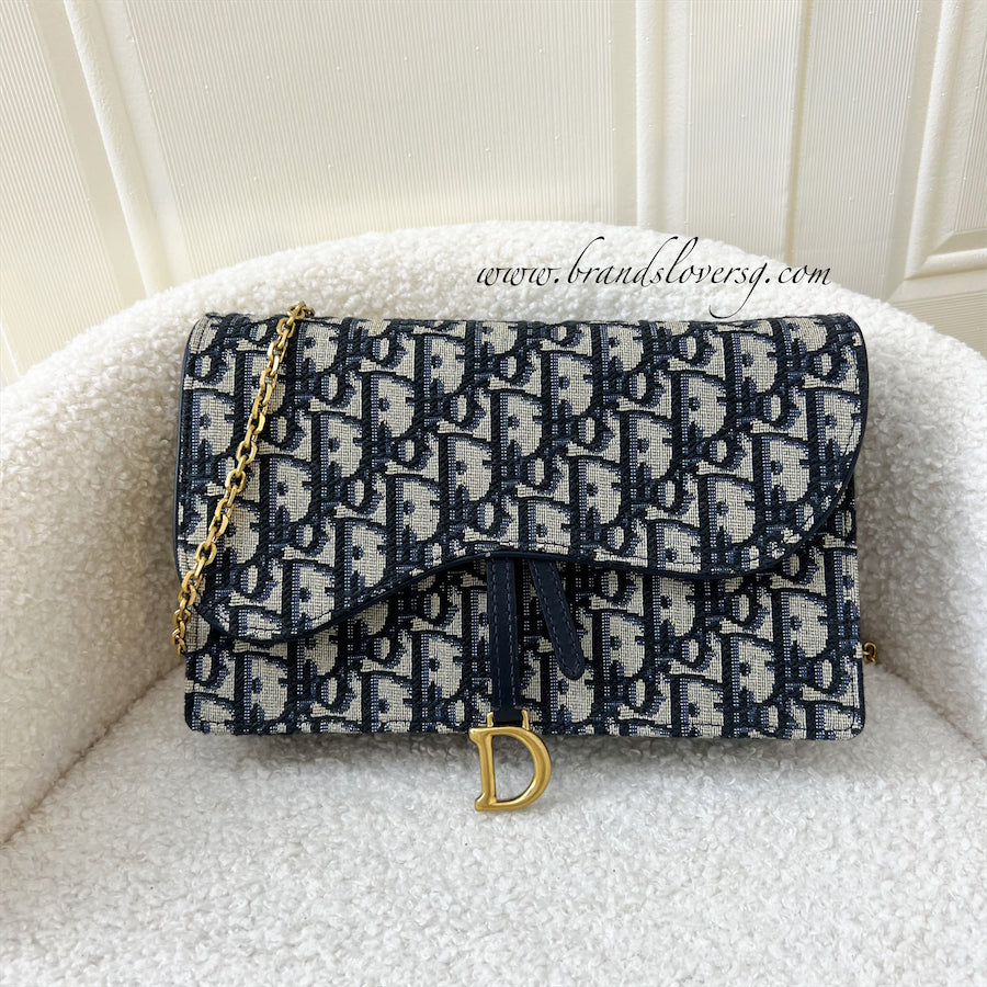 Christian Dior Saddle Wallet on Chain in Blue Dior Oblique Jacquard