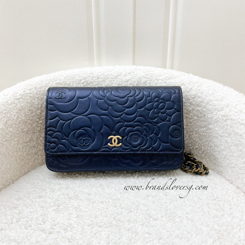 Chanel Wallet on Chain WOC in Camellia Embossed Midnight Blue Lambskin and AGHW