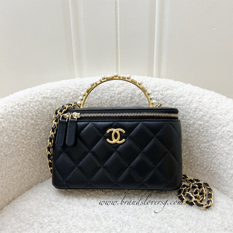 Chanel 23B Pearl Handle Vanity Clutch with Chain in Black Lambskin a Brands Lover