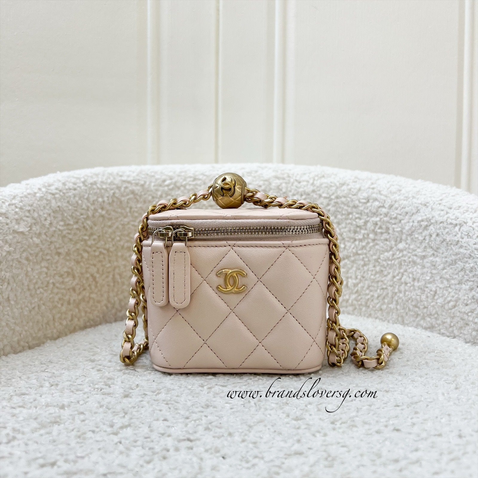 Chanel Pearl Crush Mini Cube Vanity in 22C Beige Lambskin and AGHW