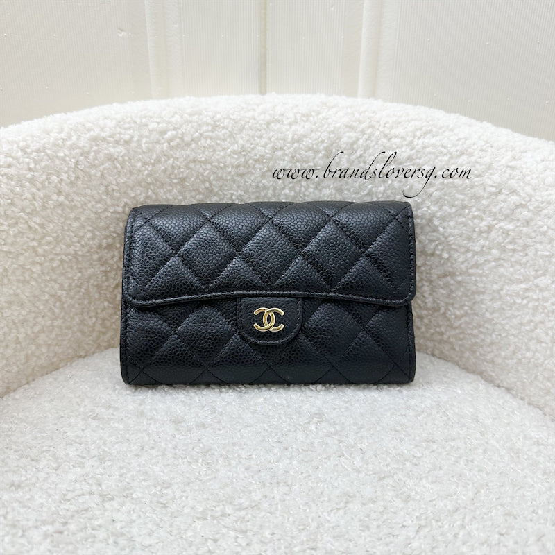 Chanel Classic Medium Trifold Wallet in Black Caviar and LGHW Brands Lover