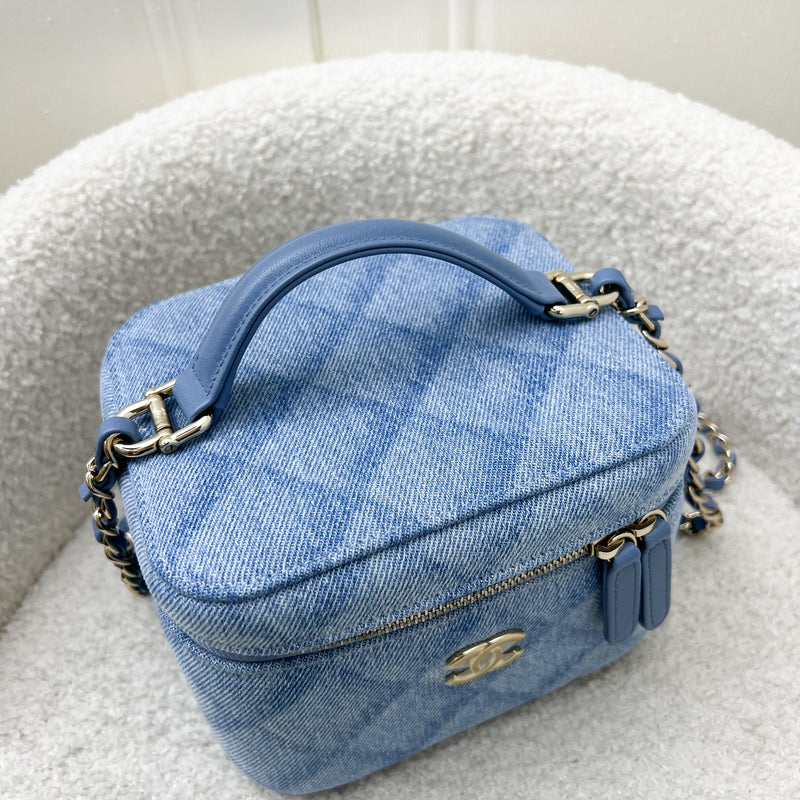 Chanel 22B Cheer for Chanel Vanity Case with Top Handle in Light Blue Denim Fabric and AGHW