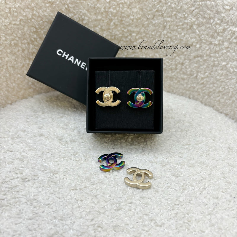 Chanel 18C CC Double Changeable Classic Logo Earrings in LGHW and Rainbow HW