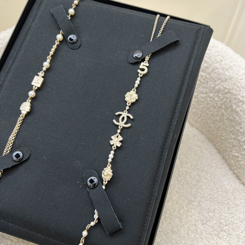 Chanel 20C Long Necklace with Icons and Pearls in AGHW