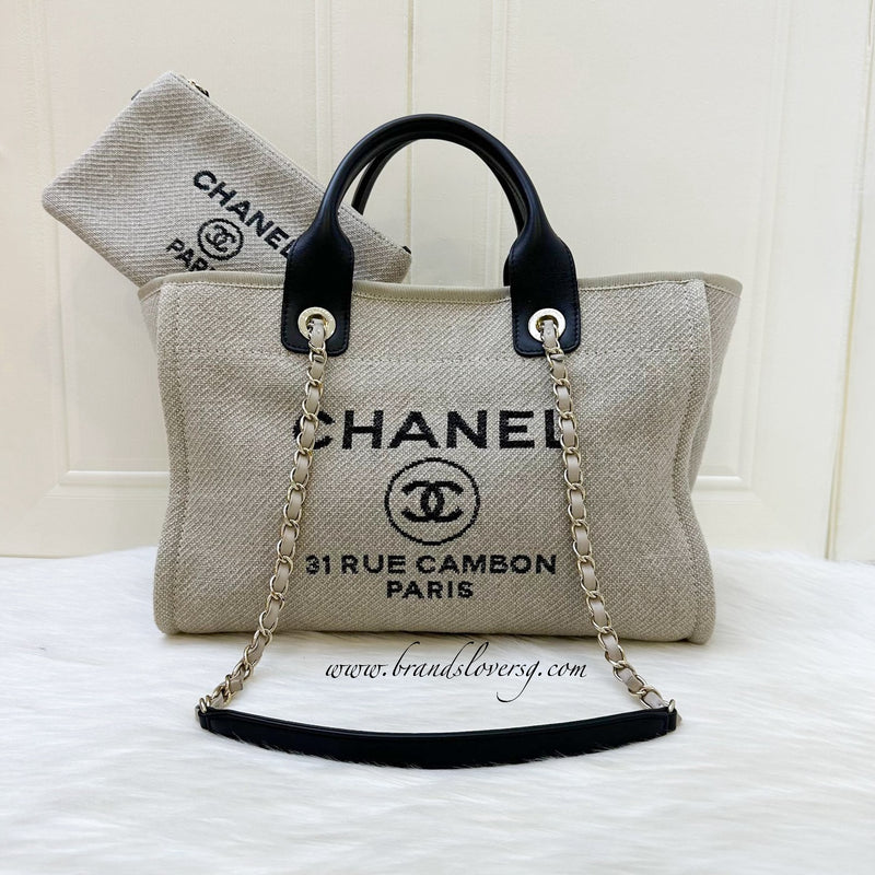 Chanel Small Deauville Tote in 22S Beige Fabric, Black Trim and Handles and LGHW