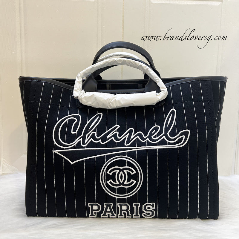 Chanel 23S Large Deauville Tote in Black and White Stripped Canvas and Matte SHW