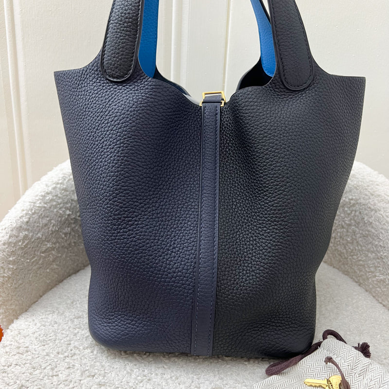 Hermes Picotin 22 in Bicolor Black / Bleu Nuit Clemence Leather, Bleu Frida Inner Handles and GHW