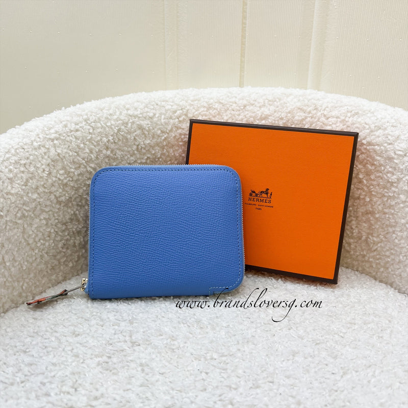 Hermes Silk in Compact Wallet in Bleu Paradis Epsom Leather and PHW