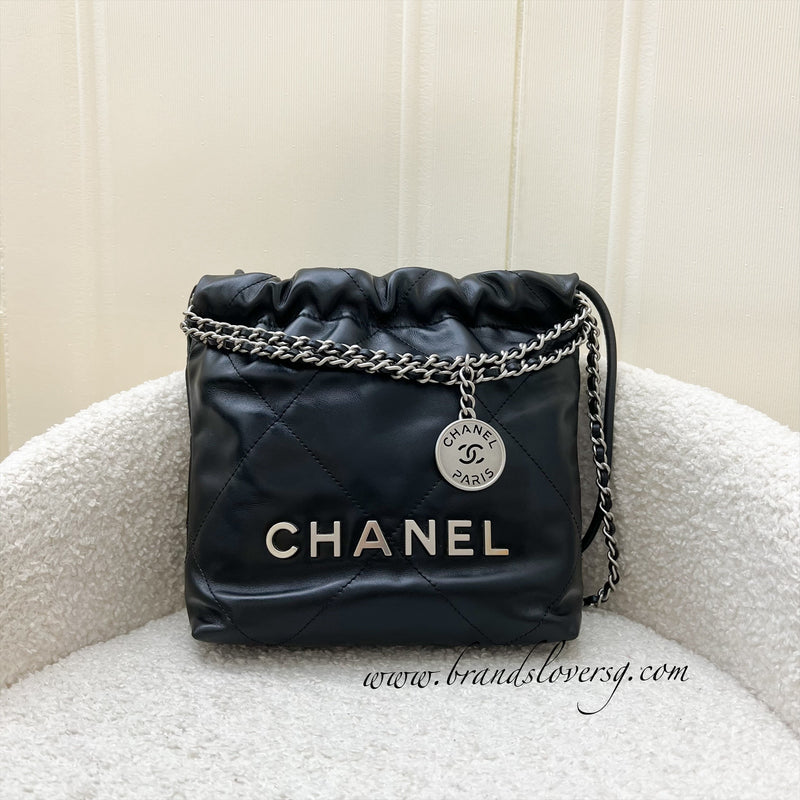 Chanel 22 Mini Hobo Handbag in Black Shiny Calfskin and SHW