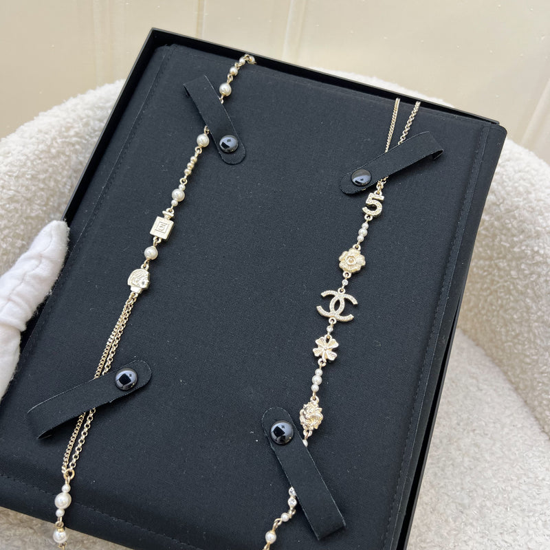 Chanel 20C Long Necklace with Icons and Pearls in AGHW