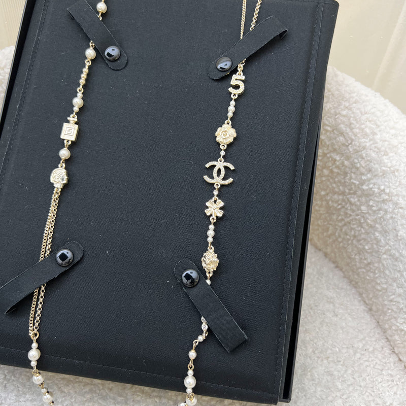 Chanel 20C Long Necklace with Icons and Pearls in AGHW