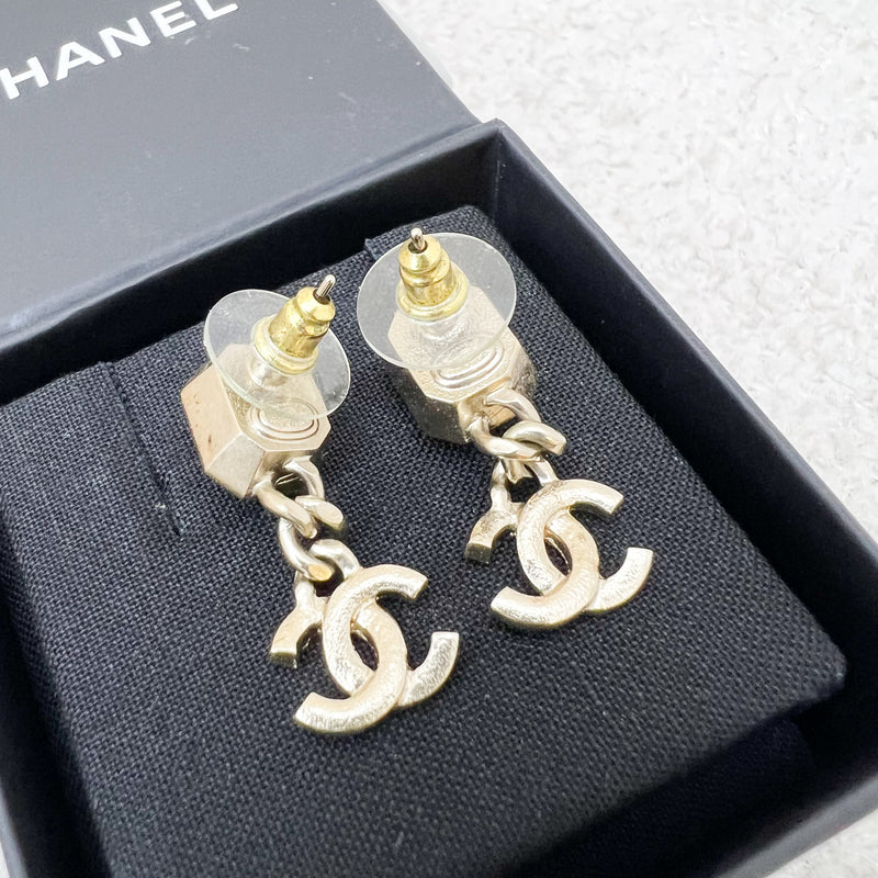 Chanel 22B Lilac Resin with Dangling Crystals Logo Earrings in AGHW