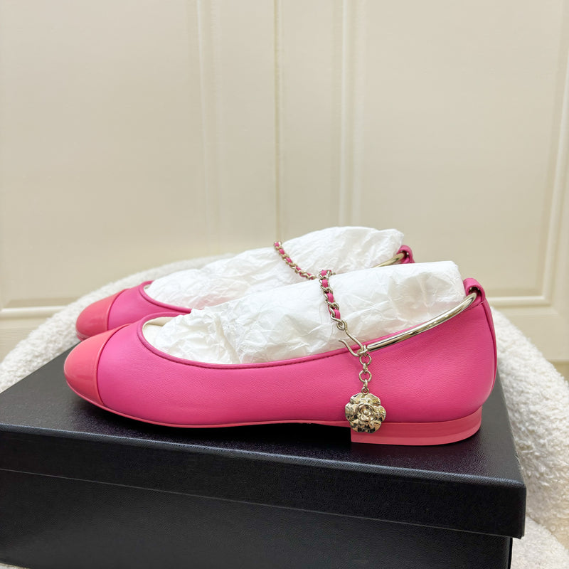 Chanel Ballerina Pumps in Hot Pink Lambskin and Patent Leather with Chanel Logo Dangling Charm Sz 36