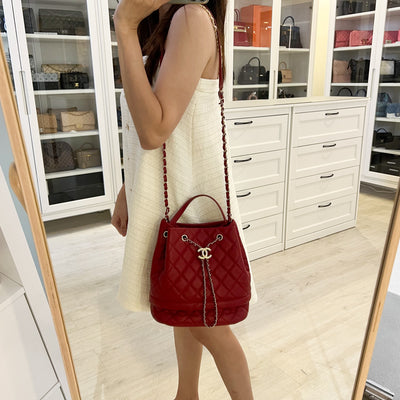 Chanel 19B Drawstring Bucket Bag in Red Caviar and LGHW