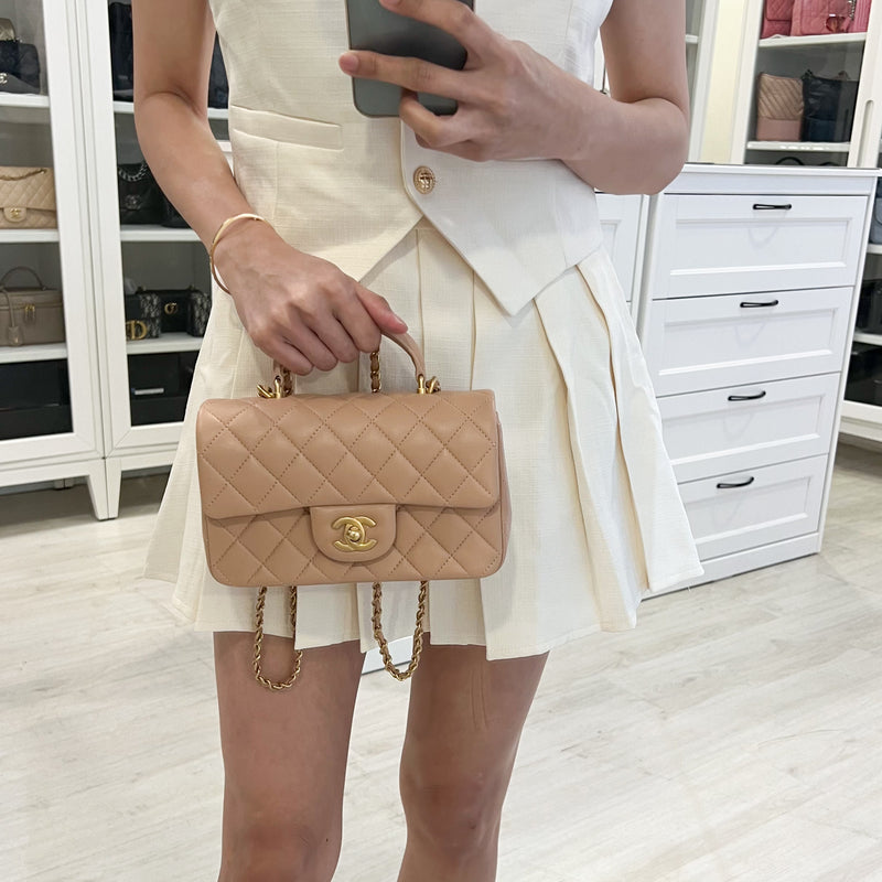 Chanel Top Handle Mini Rectangle Flap in 21A Rose Beige Lambskin in AGHW