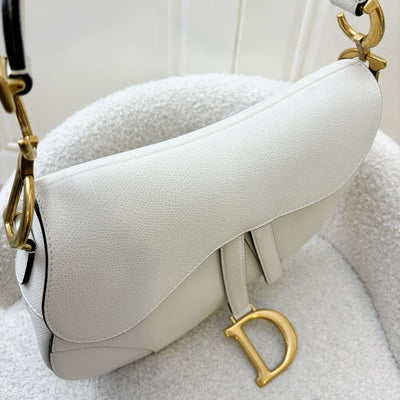 Dior Medium Saddle Bag in White Grained Calfskin and AGHW + Guitar Strap