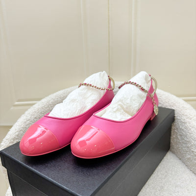 Chanel Ballerina Pumps in Hot Pink Lambskin and Patent Leather with Chanel Logo Dangling Charm Sz 36