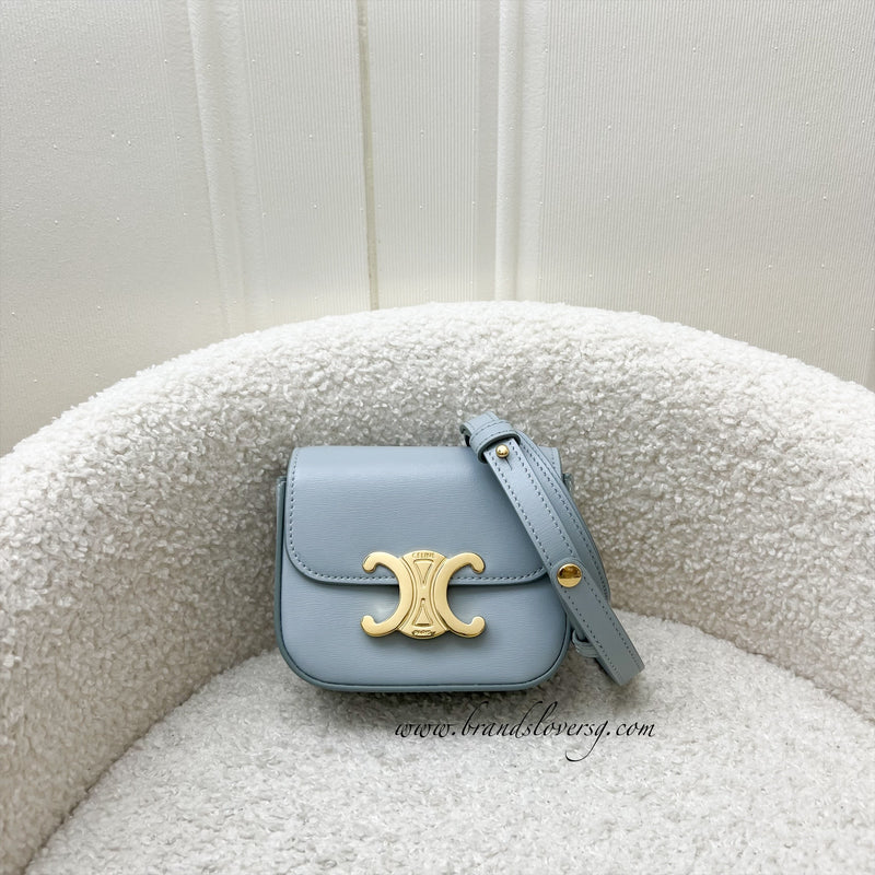 Celine Triomphe Mini Claude Flap Bag in Ice Blue Shiny Calfskin and GHW