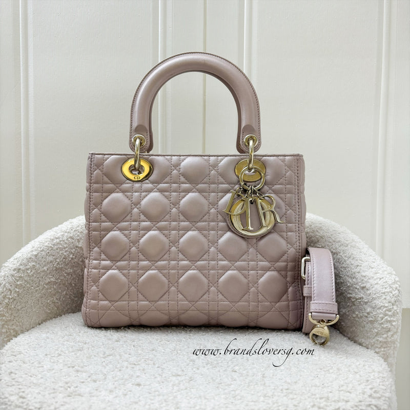 Dior Medium Lady Dior in Lotus Pearly Pink Lambskin LGHW (New version with Adjustable Strap)