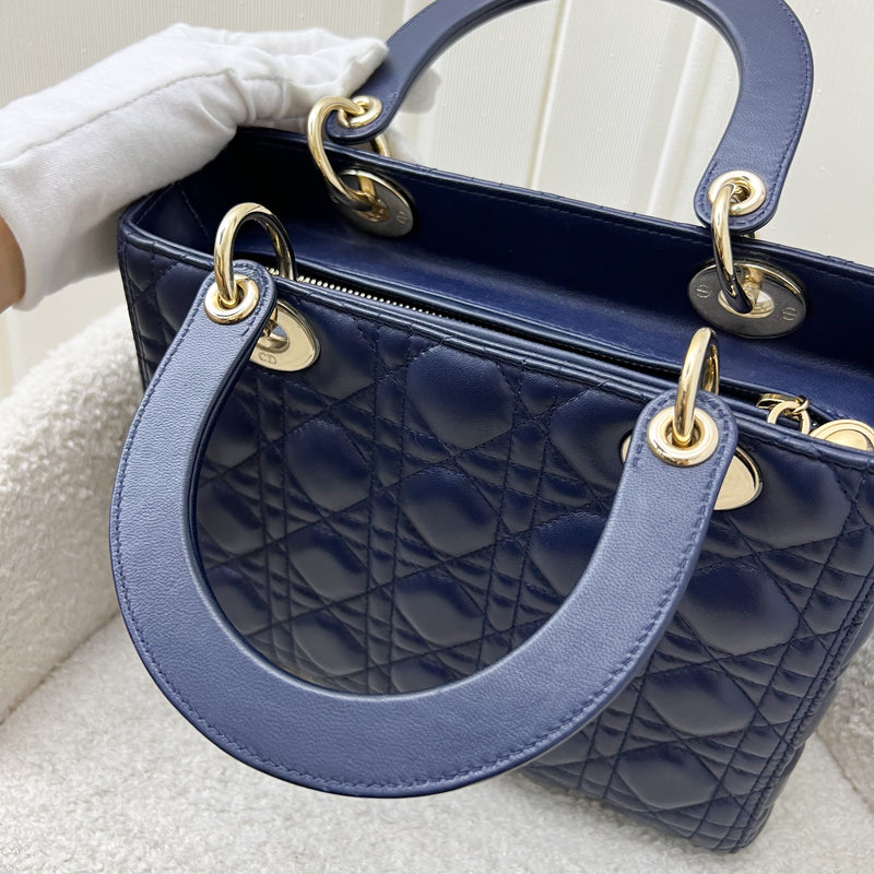 Dior Medium Lady Dior in Navy Lambskin and LGHW (Newer Version with Adjustable Strap)