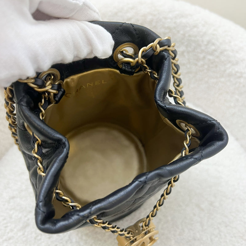 Chanel 22S New Pearl Crush Bucket Bag in Black Lambskin and AGHW