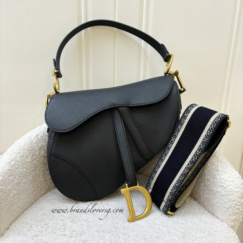 Dior Medium Saddle Bag with Strap in Black Grained Calfskin and AGHW (With Additional Canvas Strap)