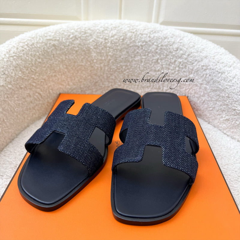 Hermes Oran Sandals in Dark Blue Denim Sz 38.5