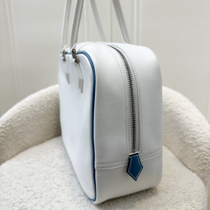 Hermes Vintage Plume 28 White Epsom Leather, Blue Trim and PHW