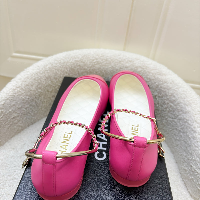 Chanel Ballerina Pumps in Hot Pink Lambskin and Patent Leather with Chanel Logo Dangling Charm Sz 36