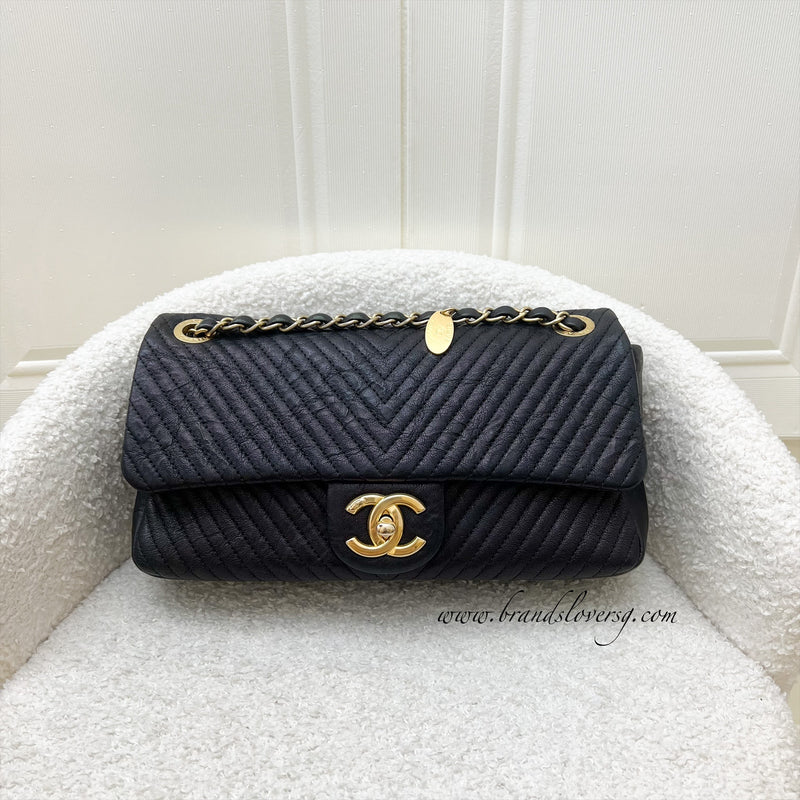 Chanel Seasonal Herringbone Medium Flap in Black Distressed Calfskin AGHW