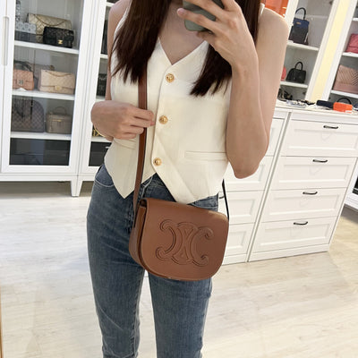 Celine Medium Folco Bag in Tan Calfskin and GHW