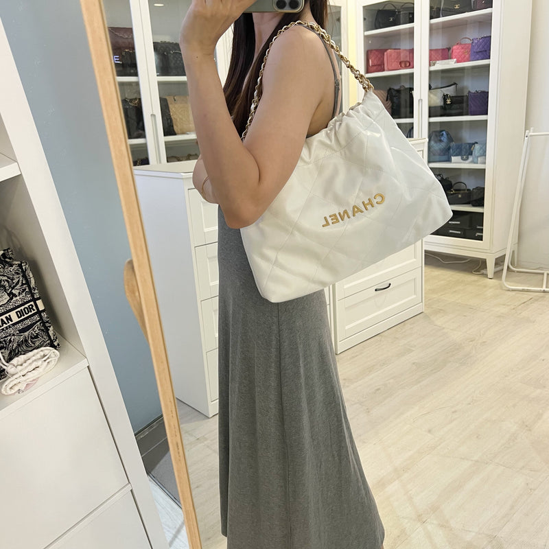 Chanel 22 Small East West Hobo Bag in White Calfskin and AGHW (Limited Edition!)