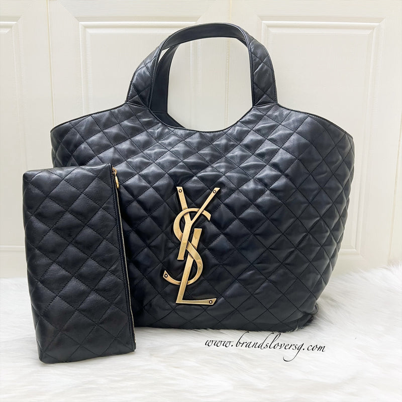 Saint Laurent YSL Icare Maxi Tote Bag in Black Lambskin and AGHW