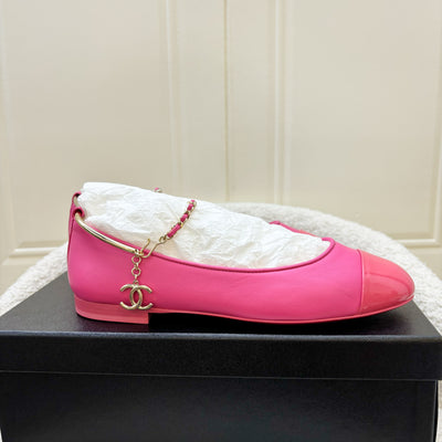 Chanel Ballerina Pumps in Hot Pink Lambskin and Patent Leather with Chanel Logo Dangling Charm Sz 36