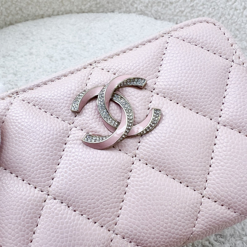 Chanel 23P Zippy Card Holder / Coin Purse in Light Pink Caviar, Crystals Logo and SHW