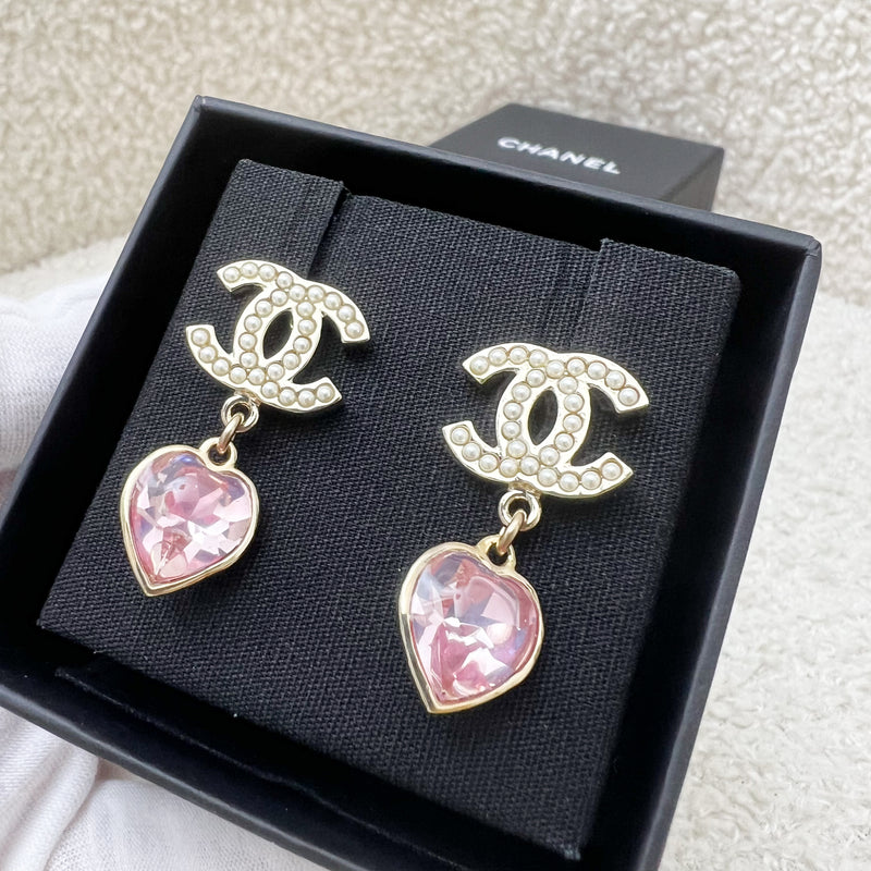 Chanel 22B Dangling Earrings with Pink Heart Crystal and LGHW