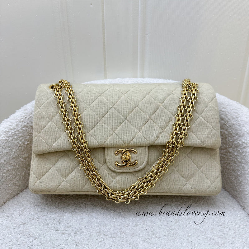 Chanel Vintage Small / Medium Flap with Bijoux Chain in Oatmeal Beige Jersey and 24K GHW