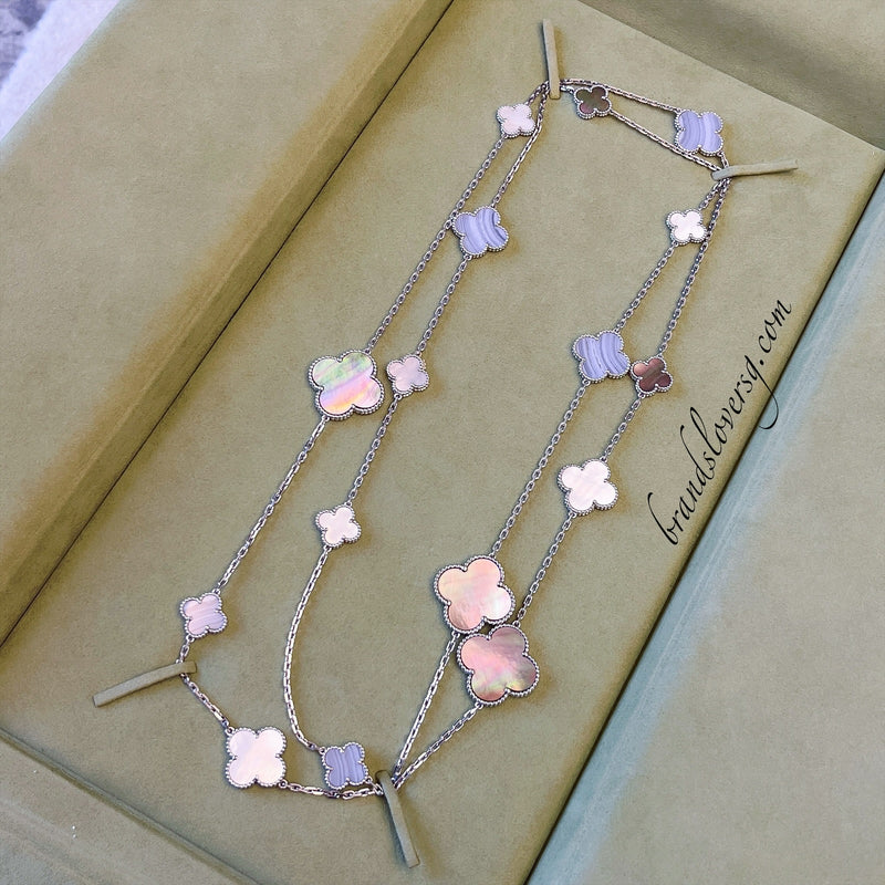 Van Cleef & Arpels VCA 16 Motif Vintage and Magic Alhambra Necklace with White and Grey Mother of Pearl MOP and Chalcedony in 18K White Gold (Ref: VCARN19000)