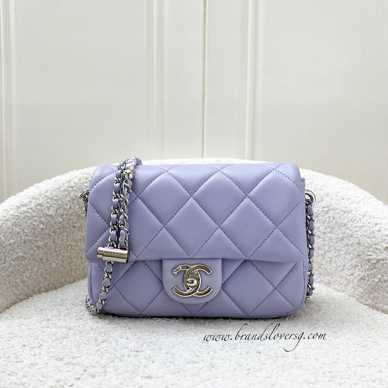 Chanel 21K Perfect Mini Flap Bag in Lilac Lambskin with Pearl and Leather Chain (Adjustable) AGHW