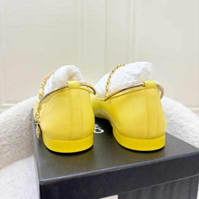 Chanel Ballerina Pumps in Yellow Lambskin and Patent Leather with Camilia Dangling Charm Sz37