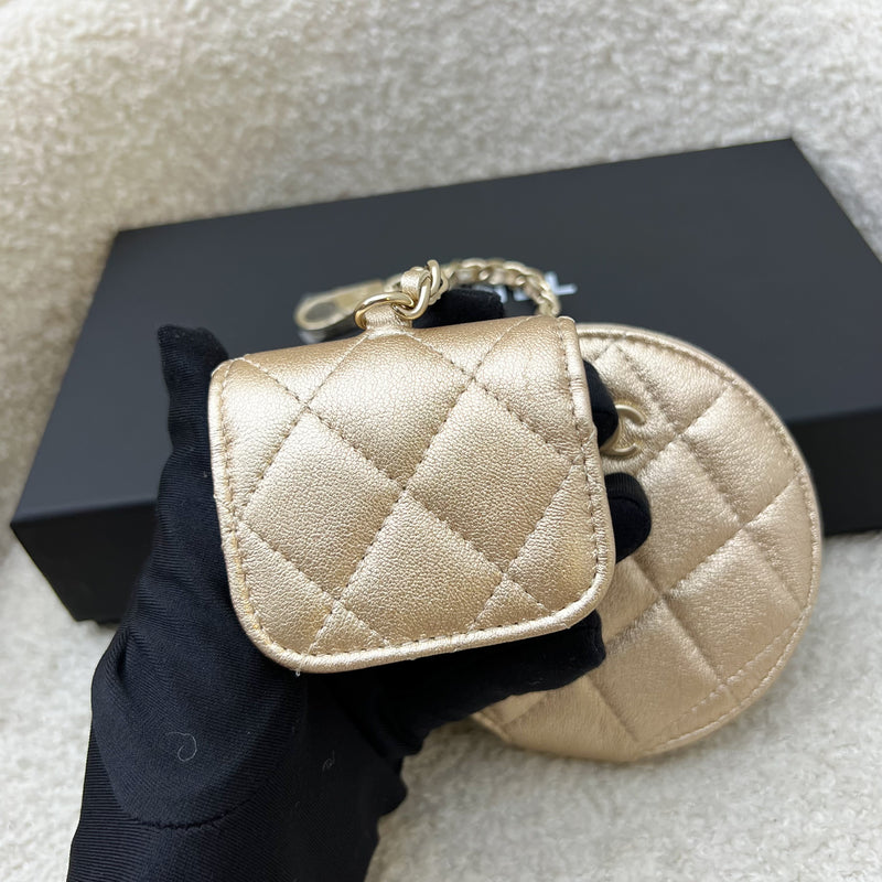 Chanel 2024 VIP Gift Round Pouch and Airpods Holder Bag Charm in Metallic Gold Lambskin and LGHW