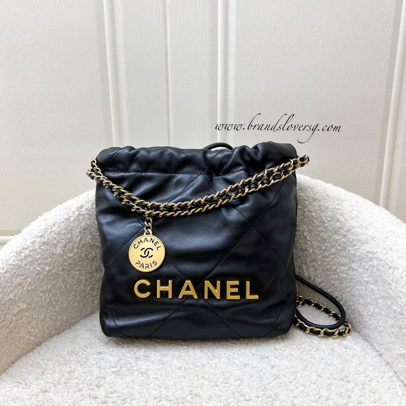 Chanel 22 Mini Hobo Handbag in Black Shiny Calfskin and AGHW (Model: AS3980)