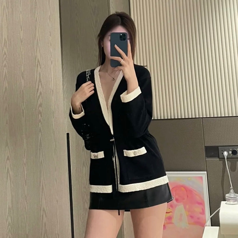 Chanel 25A Cardigan in Black and Ecru Mixed Fibers Sz 38 (Model: P80094)