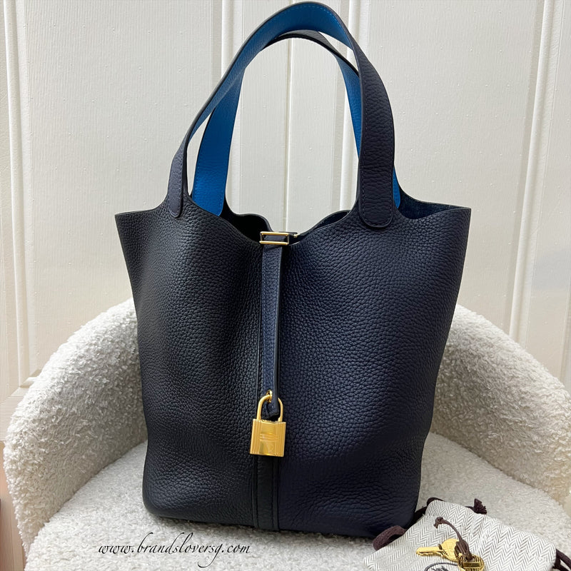 Hermes Picotin 22 in Bicolor Black / Bleu Nuit Clemence Leather, Bleu Frida Inner Handles and GHW